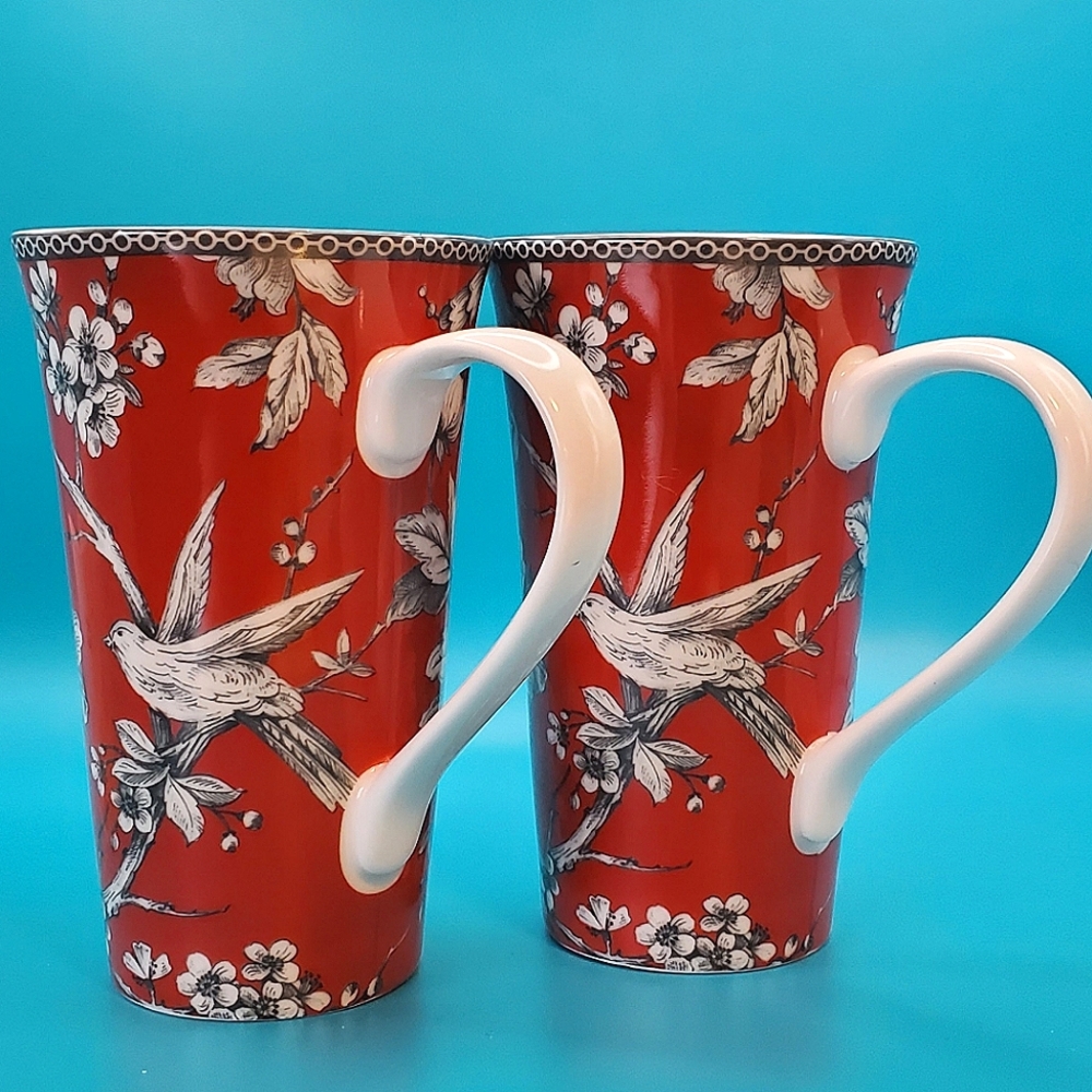 ❤️Latte Mug Adelaide Red Floral Bird By 222 Fifth (PTS) Set Of 2